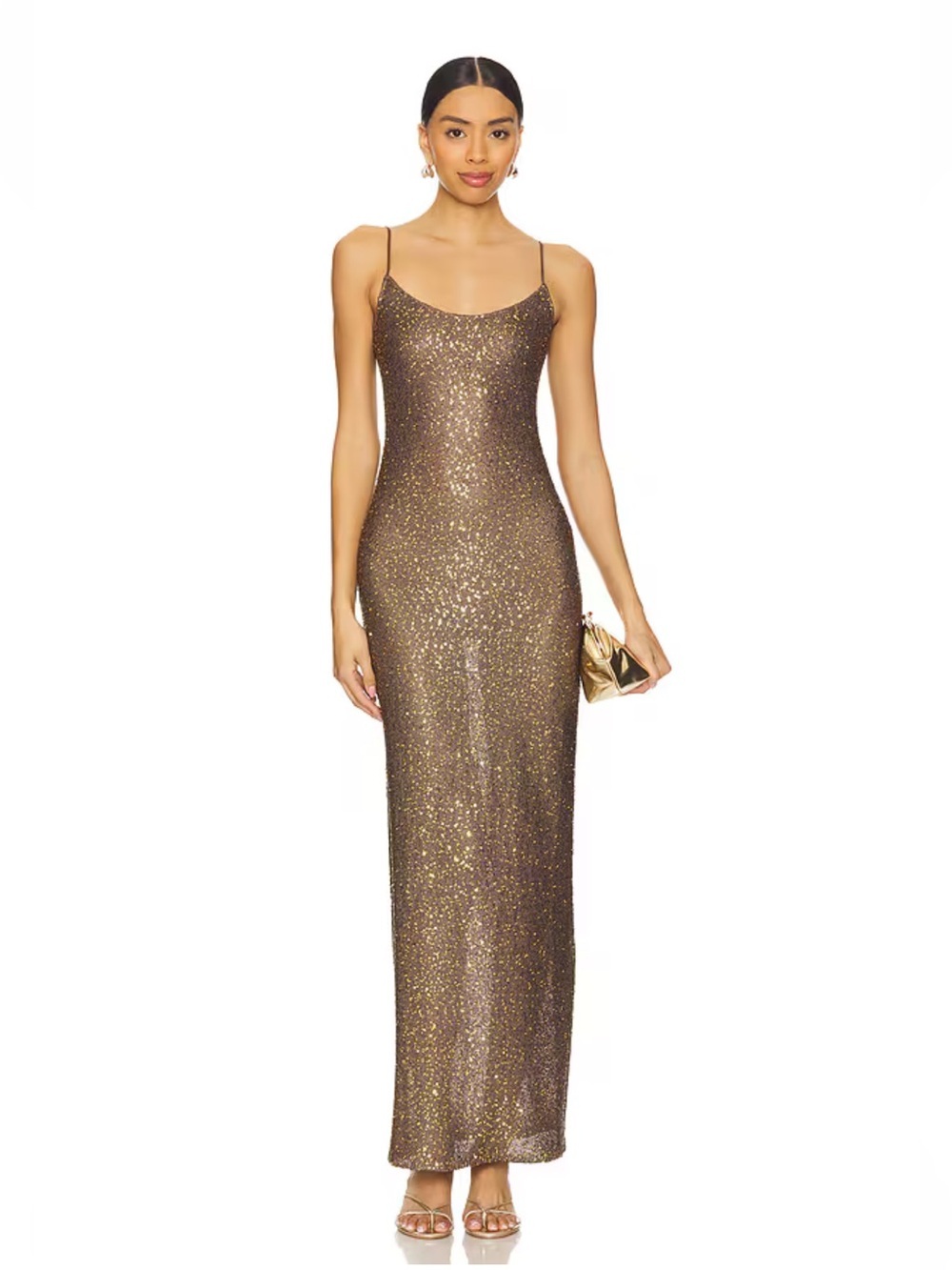 Lovers + Friends Rossa Maxi Dress Brown Metallic Gold Sequin slip Revolve M